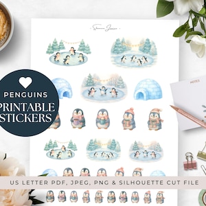 May include: A sheet of printable stickers featuring watercolor illustrations of penguins in winter scenes. The stickers include penguins on ice, near igloos, and individual penguin characters. The text "PENGUINS PRINTABLE STICKERS" is on a navy blue circle.