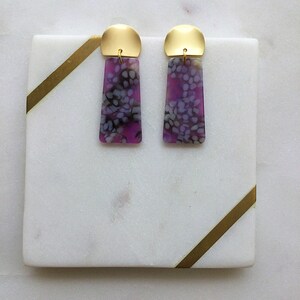 Purple or Red Rectangle Resin Acetate Matt Gold Stud Fashion Earrings Lightweight - Geometric Earrings - Dangle Earrings - Handmade