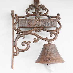 French Scroll Fleur de Lis Welcome Rustic Solid Cast Iron Hanging Bell Door Bell