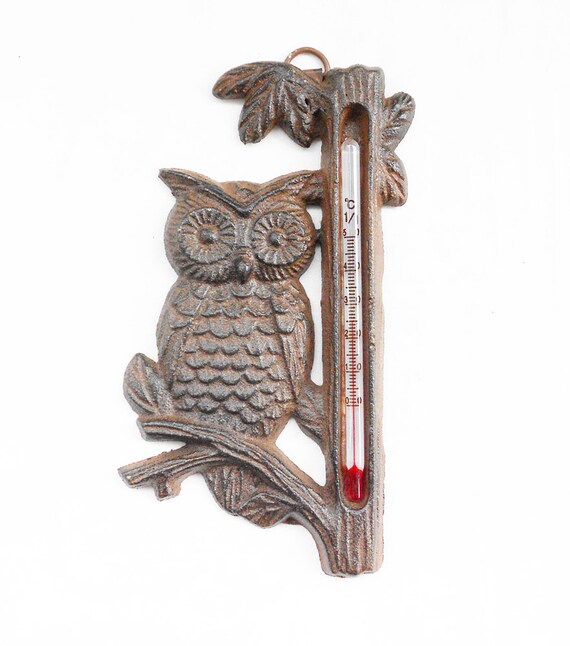 Owl Cast Iron Thermometer Metal Wall Art Garden Ornament