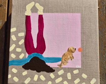 Original art acrylic portrait of woman and dog on linen stretched canvas