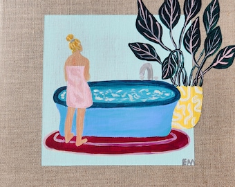 Original art acrylic portrait of woman in towel preparing for a bath