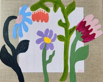 Original art acrylic flower painting of whimsy flower blooms on linen stretched canvas.