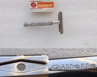 Vintage Gillette Safety Razor Made in England + (5 Rubie blades) , FREE SHIPPING
