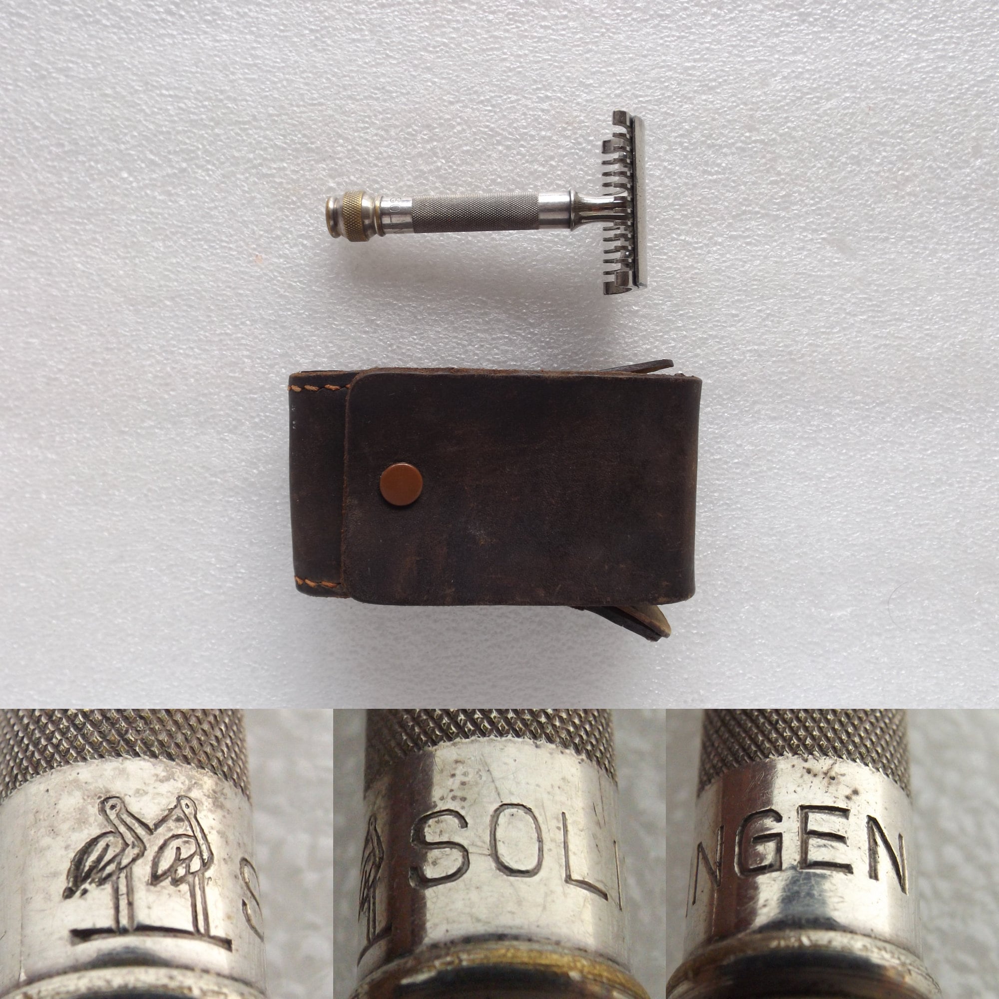 Very RARE Antique German Safety Razor Solingen 3-piece with Storks in Leather Casе , Free Worldwide Shipping
