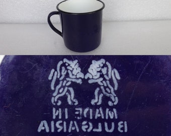 ヴィンテージ エナメルウェア コーヒーカップ ブルー、ブルガリア製 1980年代、キャンプ用カップ マグカップ ティーハンドル付き、送料無料