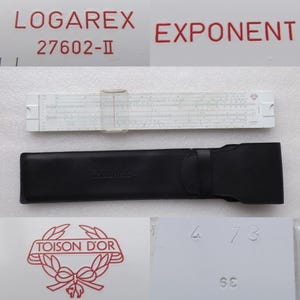 Puede incluir: Una regla de cálculo blanca con marcas negras y el texto "LOGAREX EXPONENT" en rojo. Debajo de la regla de cálculo hay una funda de cuero negra. La imagen también muestra un logotipo de Toison D'Or y los números 473 y 68.