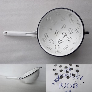 Vintage Еnamel Colander with long Handle, Enamel Ware Kitchen Utensil, Fruit Strainer, Pasta Sieve, Kitchen Filter, Free Worldwide Shipping