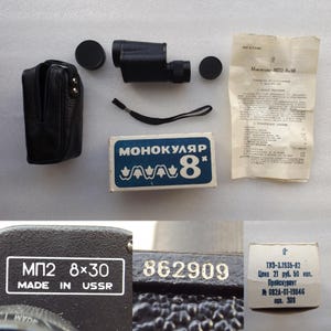 Jahrgang 1987. UdSSR Russisches Rotes Monokular Fernglas MP2 8x30 mit Papierkram - Ledertasche - Karton, ausgezeichnet, KOSTENLOSER VERSAND