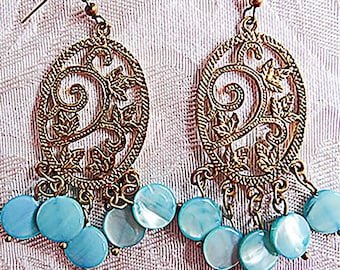 ANTIQUE BRASS EARRINGS, brass earrings, blue beads, brass jewelry, brass and blue, blue glass beads, blue glass jewelry, earrings - 0077+