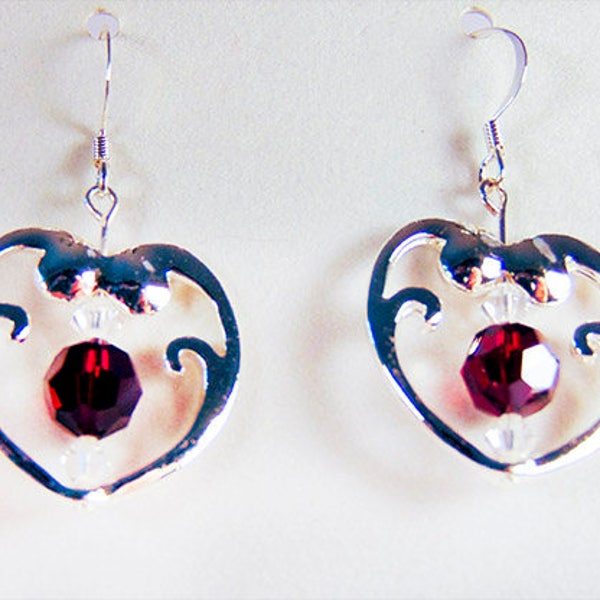 SILVER HEART EARRING,  heart earrings, heart jewelry, Swarovski crystal, deep red crystal, Swarovski Siam crystal - 1856