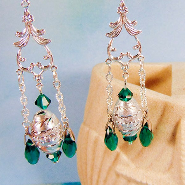 CRYSTAL and ALUMINUM EARRINGS, Swarovski green crystals, silver aluminum, clip on earwires, silver chain, silver chandelier - 1982+