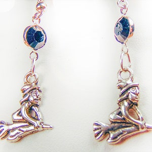 WITCH EARRINGS, Halloween earrings, witch charm, black crystal, Halloween jewelry, Halloween charm, witch on broom, charm earrings - 1693H