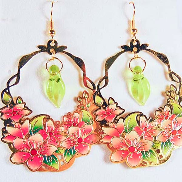 LAZER CUT EARRINGS, pink green earrings, green pendant, green Swarovski pendant, lazer cut jewelry, floral earrings, floral jewelry - 1949+