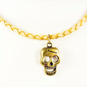 SKULL NECKLACE, skull jewelry, brass skull, skull pendant, braided leather cord, natural leather, sterling silver clasp, 18&quot; cord - 1374H