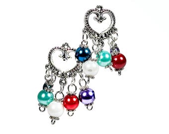 SILVER Tone HEART EARRINGS, Colorful faux pearl \dangles - 2620Ho
