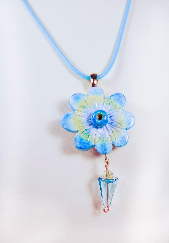 BLUE FLOWER NECKLACE Blue Flower Jewelry Blue Flower Polymer Etsy