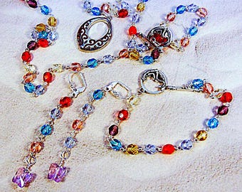 Jewel Tone Glass Bead Jewelry Set: Necklace, Bracelet, Earrings