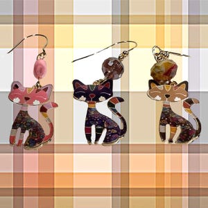 3 WHIMSICLE CATS, cat earrings, feline jewelry, black & brown cats, pink cat, crystals, pearls, ready to ship, striking earrings - 2601-