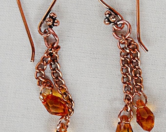 ORECCHINI A CATENA IN RAME FATTI A MANO, ciondoli in cristallo Swarovski - 0418-