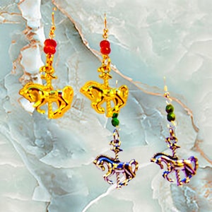 CAROUSEL HORSE EARRINGS, merry go round earrings, carousel horse, gold with red beads, silver with green beads, gift under 20 - 2271+
