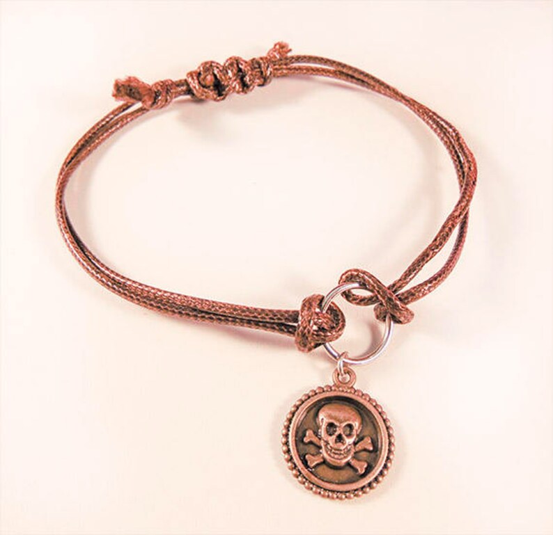 skull charm UNISEX SKULL BRACELET skull jewelry leather cord 1908H adjustable cord brass jewelry brass charm