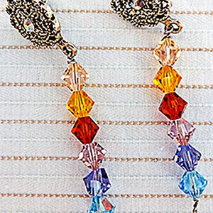 SWAROVSKI CRYSTAL EARRINGS, antiqued brass posts, a column of 6 rainbow Swarovski crystal beads. rainbow earrings, casual-dressy - 0196-