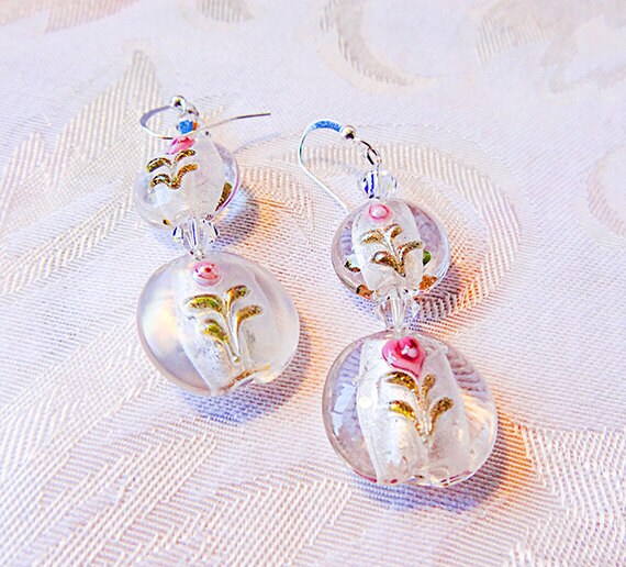 GLASS BEADS with pink flower and green leaves with gold Etsy