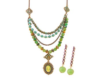 Multi-String Cameo Necklace: Green Jasper, Czech Pearl & Brass with Earrings - 2447J