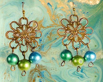 Brass Filigree Earrings: Turquoise & Green Crystal Pearls