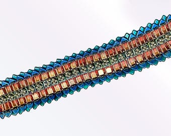 Handmade beaded bracelet, purple square beads, blue & aqua triangle beads, silver and blue seed beads - 2042B