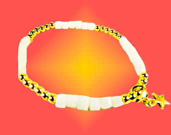 White CUBE BEAD STRETCH Bracelet: gold beads, white beads, Gold Star Charm - 1438B