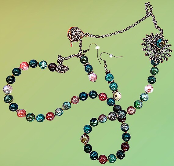 JASPER NECKLACE and EARRINGS, Jasper gemstones: Antique Copper Jewelry Set - 0990J
