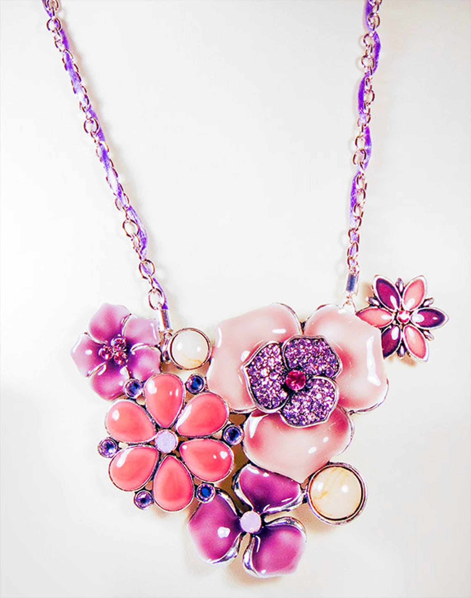 Elegant Necklace Made Of Mauve Crystal Drops