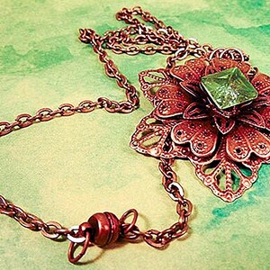 BRASS FILIGREE NECKLACE, brass jewelry, filigree jewelry, Swarovski crystal, green crystal, magnetic clasp, brass chain - 1981N