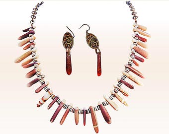 Handcrafted Sea Urchin Necklace & Earrings: Brass Chain Jewelry Set - 2329J