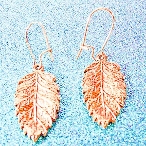 COPPER LEAF EARRINGS, copper leaf jewelry, leaf earrings, copper kidney earwire, nature earrings, nature jewelry, copper - 1714-