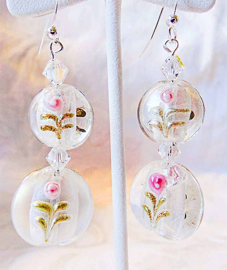 GLASS BEADS with pink flower and green leaves with gold Etsy