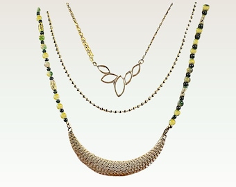 Handcrafted Fancy Jasper 3-Strand Necklace with Gold Crescent - 1684G