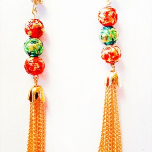 CHRISTMAS EARRINGS, Christmas jewelry, Christmas holiday earrings, holiday jewelry, red gold bead, green gold bead,gold chain tassel - 1223C