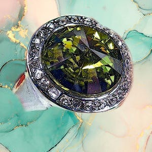 SILVER FINISH RING, Swarovski peridot, peridot crystal, 14mm rivoli crystal, green crystal, size 7.5 ring, Swarovski ring, elegant - 1499M