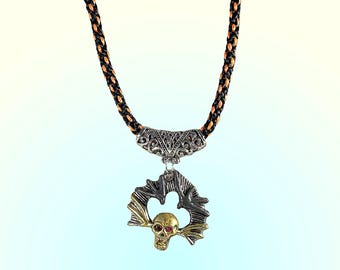 Gothic Skull Halloween Kumihimo Necklace with Silver Arch Pendant - 2706H