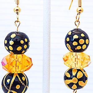 BLACK-GOLD BEADED earrings, black earrings, gold earrings, black-gold jewelry, dangle earrings, dangle jewelry - 0247-