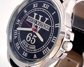 Personalised Birthday Wrist Watch 50th/60th/65th/70th/80th/etc. With Engraved Named Monogram on Dial Genuine Leather Strap