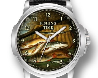 Fishing Time Fishermans Gents Mens Wrist Watch  Birthday Father's Day Best Gift, Engraving