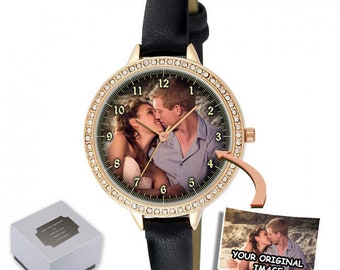 Personalised Custom Ladies Rose Gold Black Strap Watch Birthday, Anniversary Day Best Gift