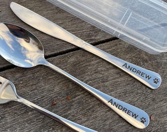 Personalised Engraved Travel Stainless Steel Cutlery with Case - Perfect for School, Office & On The Go!