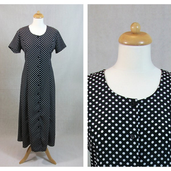 90s vintage midi dress. Black and white polka dots dress. Short sleeve. Shirtwaist dress. Adjustable dress. Size M - L.