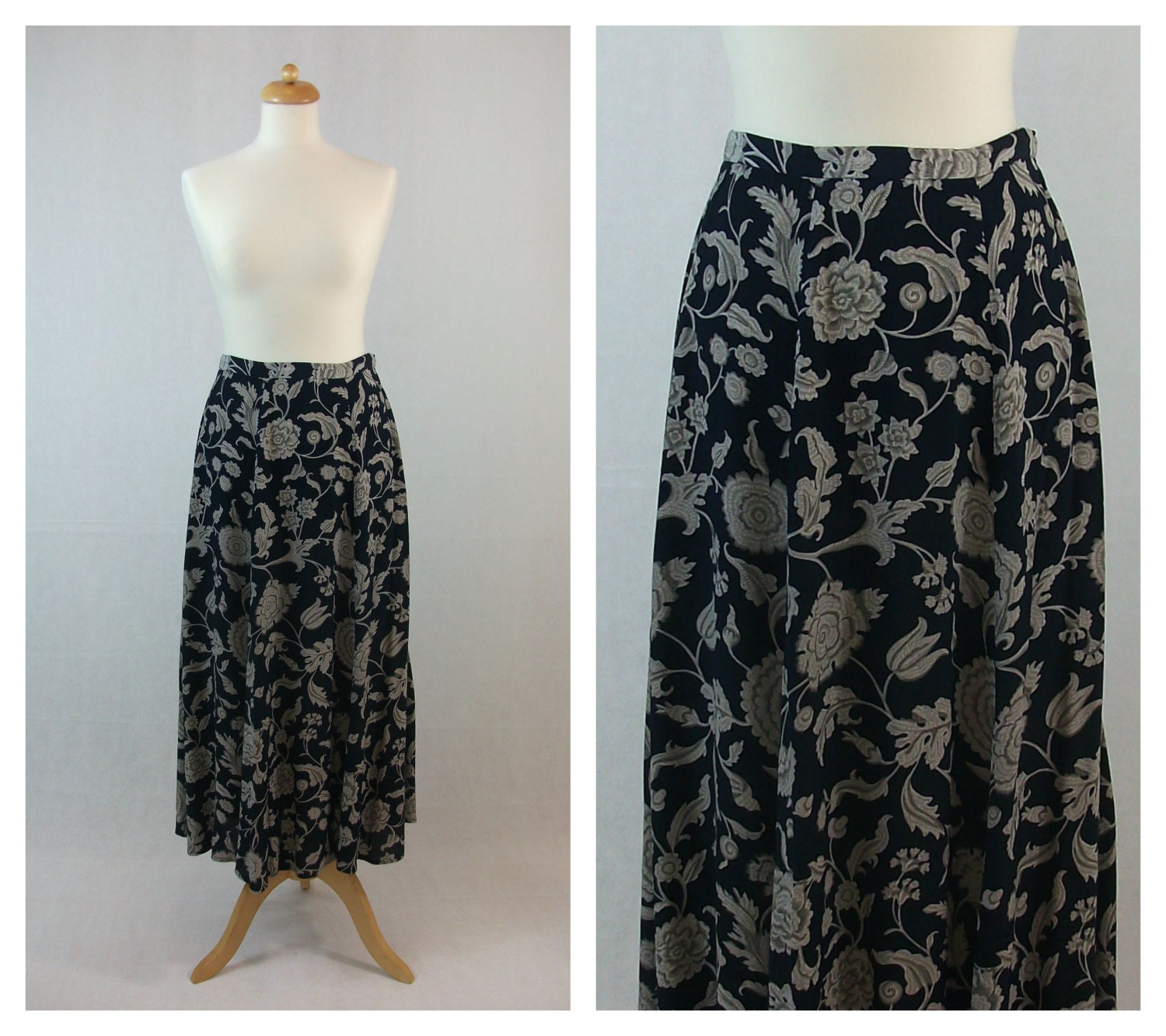 Midi skirt vintage navy blue and floral print. JH | Etsy