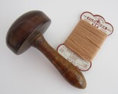 Vintage Wooden Darning Mushroom with Card of Mending Cotton. Dark Wood Sock Darner.
